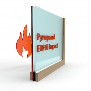 Brandwerend enkel glas Pyroguard EW30 Impact met satijn glas voor houten constructies